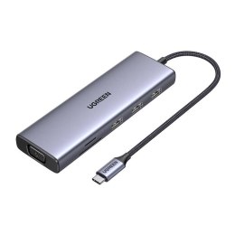 Hub USB-C Ugreen CM498, 3x USB 3.0, HDMI 4k 30Hz, VGA, RJ45, SD/TF, PD 100W (szary)