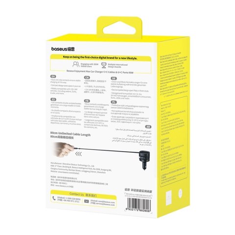 Ładowarka samochodowa Baseus Enjoyment Max z kablami USB-C+USB-C i portami USB-A+USB-C 90W Czarny